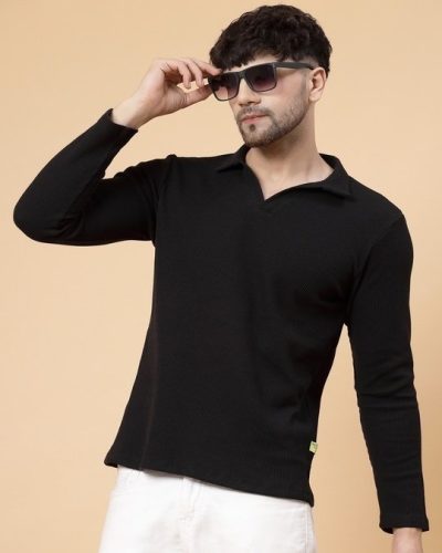 Rigo Men’s Black Waffle Knitted Polo T-Shirt