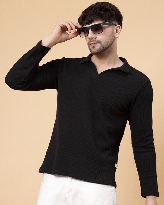 Rigo Men’s Black Waffle Knitted Polo T-Shirt
