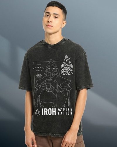 Men’s Black Uncle Iroh Graphic Printed Acid Wash T-shirt