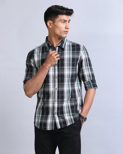 Men’s Black & White Corduroy Checked Slim Fit Shirt