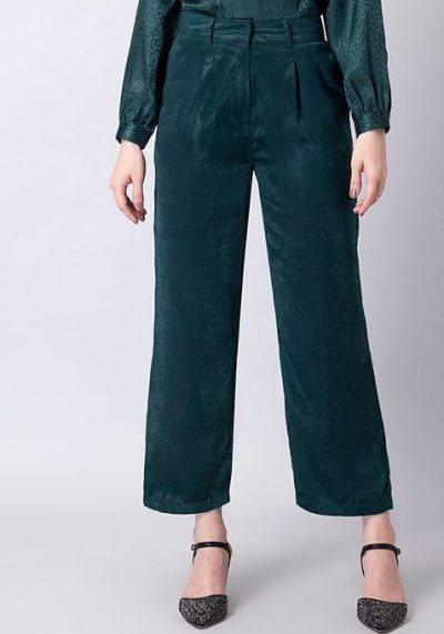 Bottle Green Satin Straight Trousers