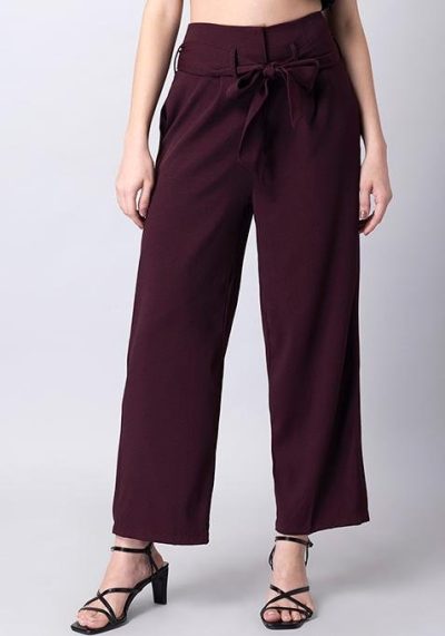 Wine Belted High Waist Paperbag Straight Trousers
