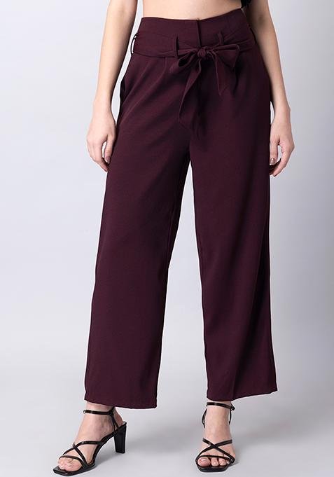 Wine Belted High Waist Paperbag Straight Trousers