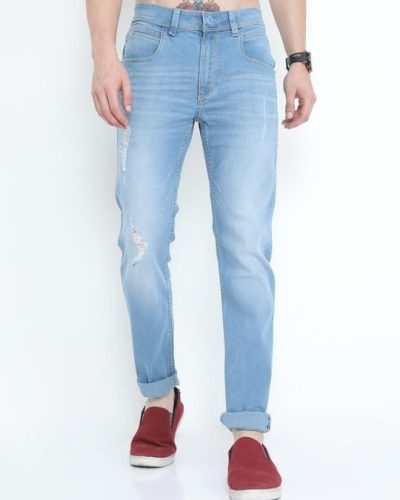 Men’s Blue Washed Slim Fit Distressed Jeans