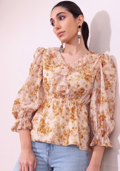 Yellow Floral Print Ruffle Neck Peplum Blouse