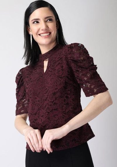 Wine Cut Out Neck Lace Top | chic lilac top