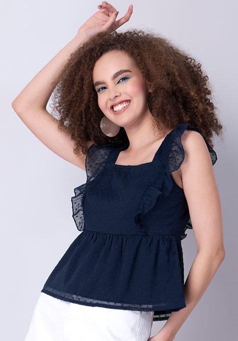 Blue Frilled Sleeve Back Tie Top | blue frilled top