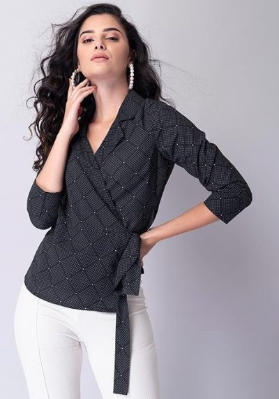 Black Polka Dot Lapel Collar Wrap Shirt