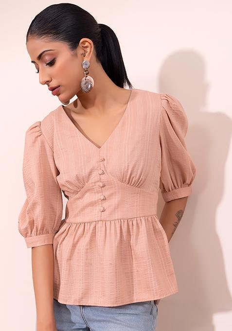 Peach Striped Puff Sleeve Peplum Blouse