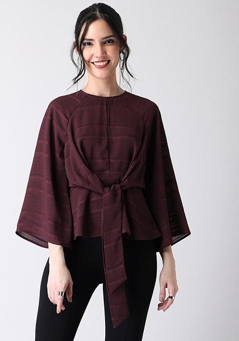 Wine Front Knot Flared Sleeve Peplum Top