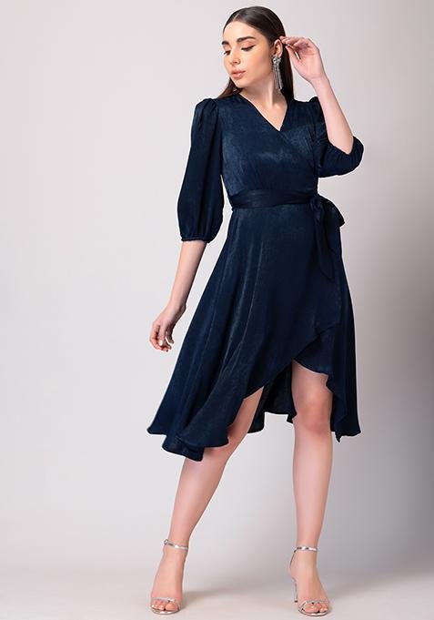 Navy Blue Satin Midi Dress With Belt