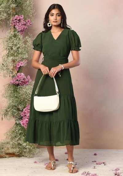 Olive Green V-Neck Midi Dress With Tie Up Belt