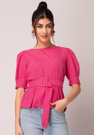 Hot Pink Peplum Top With Belt for Women