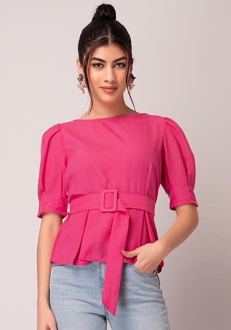 Hot Pink Peplum Top With Belt for Women
