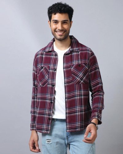 Men’s Wine Maroon Checked Shirt