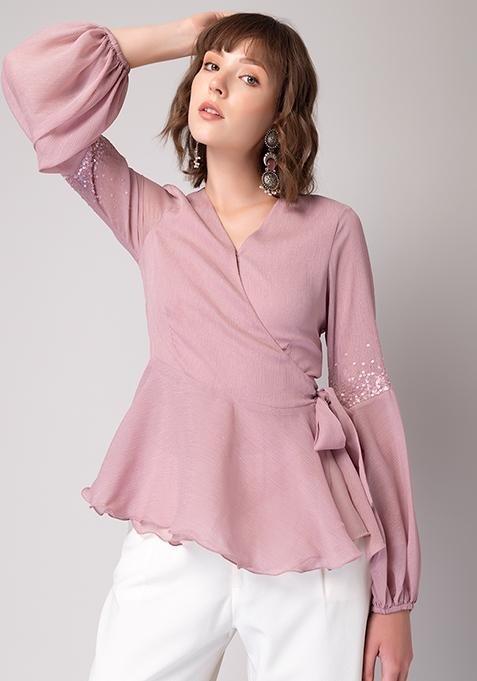 Light Pink Embellished Sleeve Wrap Top