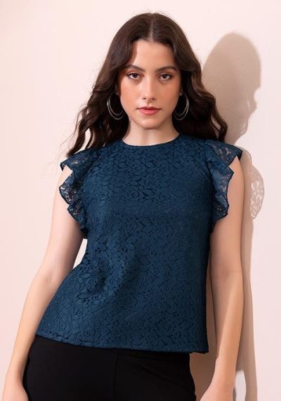 Teal Blue Ruffle Sleeve Lace Top for Women