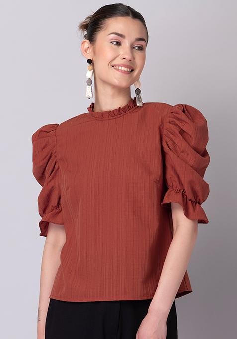 Rust Frilled Neck Puff Sleeve Blouse