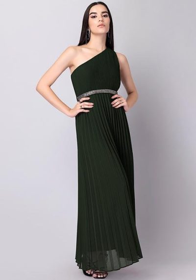Olive One Shoulder Maxi Dress With Embellished Belt