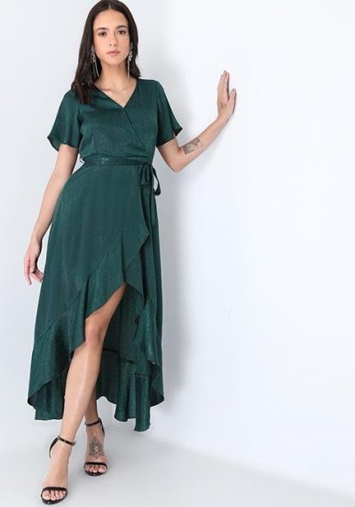 Green Self Design Wrap Ruffled Belted Midi Dress