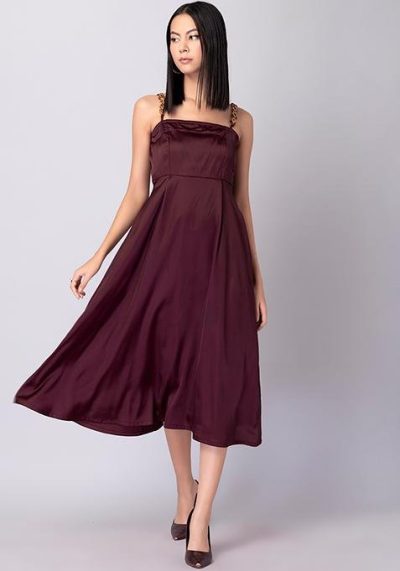 Maroon Satin Chain Strap Midi Dress