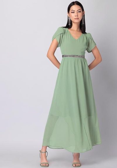 Green Tulip Sleeve Maxi Dress With Embellished Belt