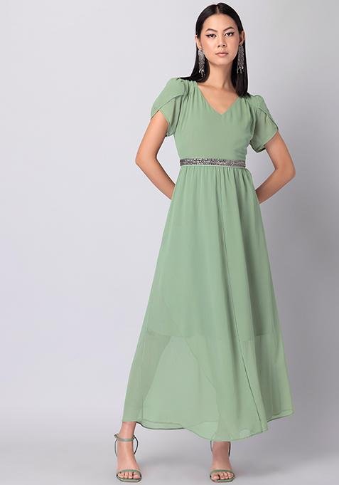 Green Tulip Sleeve Maxi Dress With Embellished Belt