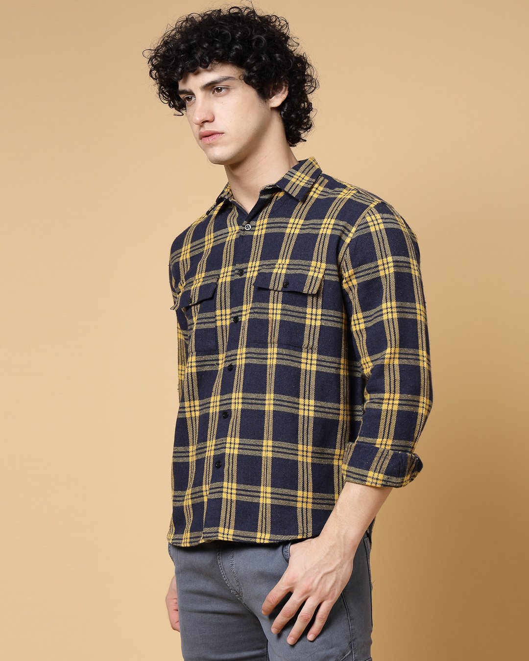 Men’s Navy Blue & Yellow Flannel Checked Oversized Shacket