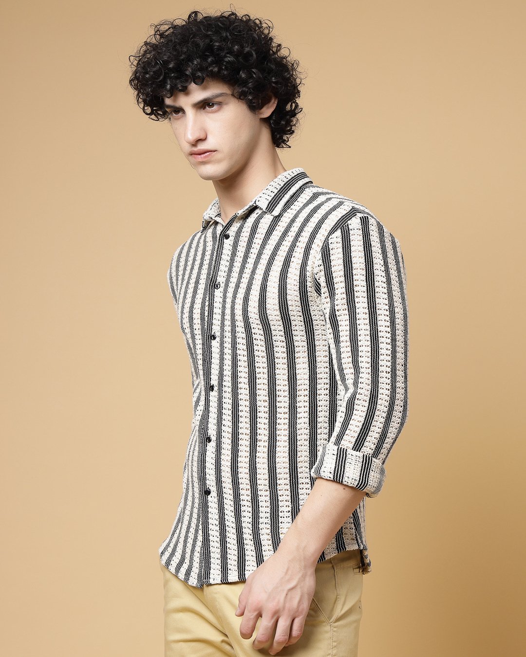 Men’s White & Black Striped Crochet Shirt