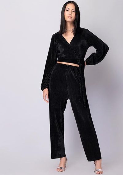 Black Peplum Wrap Top And Trousers Co-ord Set