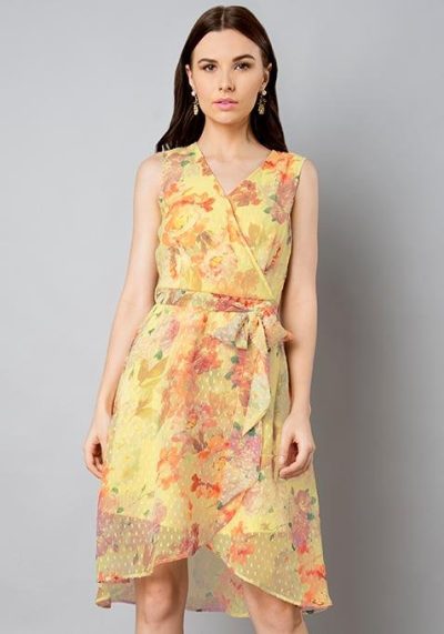Yellow Floral Dotted High Low Dress