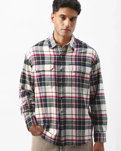 Men’s Beige & Blue Checked Oversized Shirt