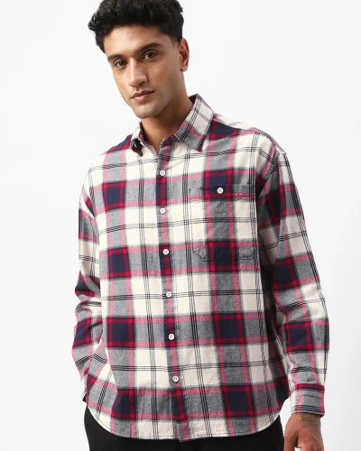 Men’s Beige & Blue Checked Oversized Shirt