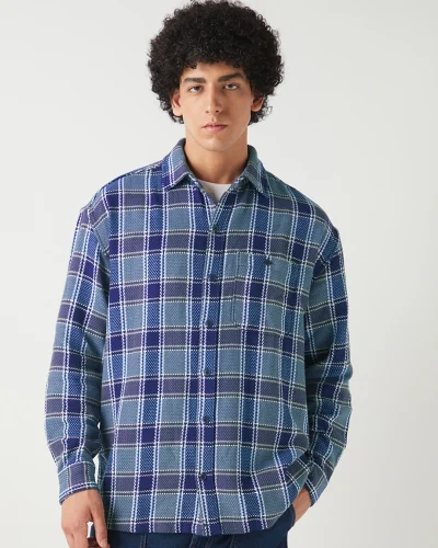 Men’s Navy Blue Checked Oversized Shirt