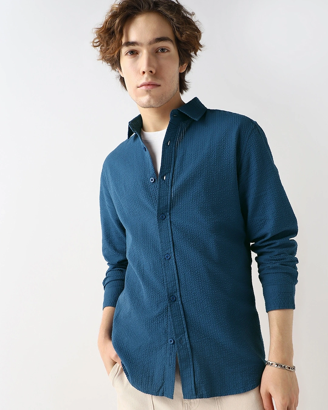 Men’s Navy Blue Textured Shirt